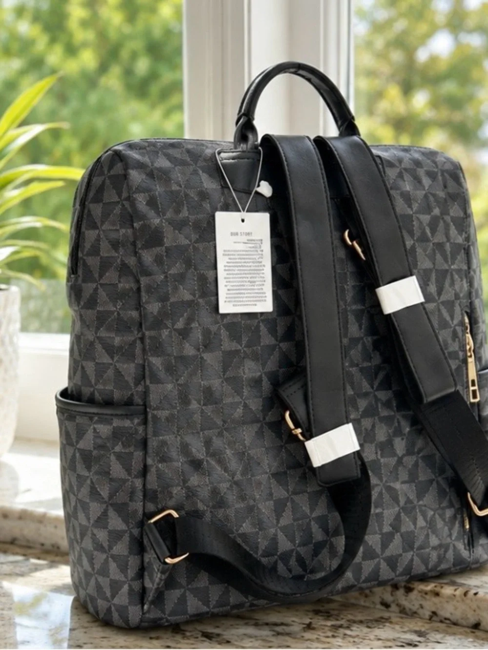 Gray Geometric Convertible Backpack Tote – Black Trim & Gold Hardware